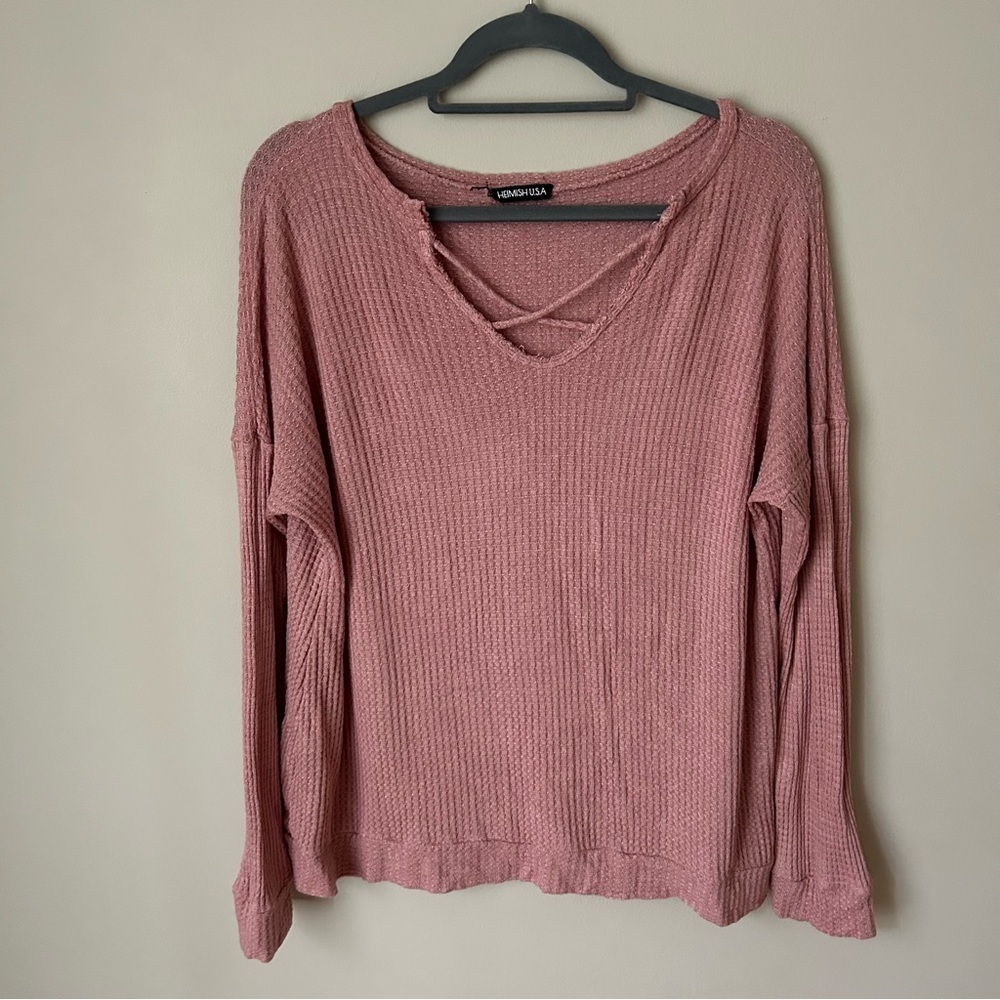 Hemish USA Rose Mauve Pink Long Sleeve V-Neck Oversized Sweater Women’s Size 2XL